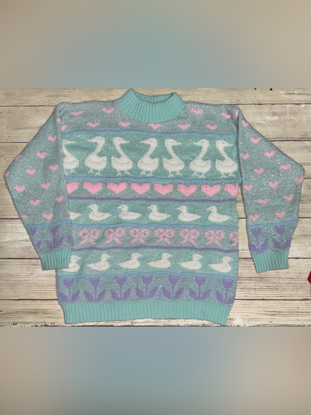 80s Vintage Pastel knit Goose shimmer sweater M Cottage Granny Fairy Kawaii Kei